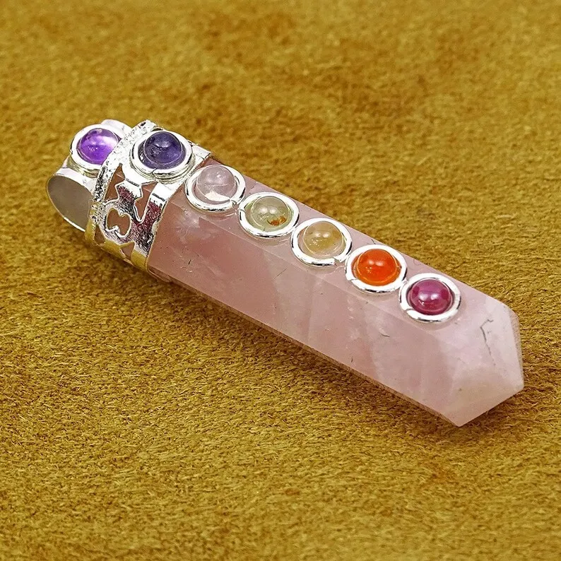 Pink Pencil Stone Reiki Healing Spiritual Wand 7 Chakra Pendant Quartz Silver Natural Rose Orthodox Heart Party Tibetan Silver