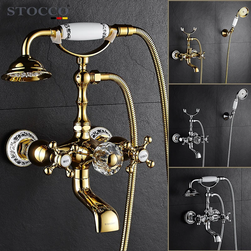 STOCCO Luxury Crystal Handle Bathtub Gold Brass Faucet with Hand Shower Telephone Type Bath Faucets Sets Mixer Tap Wall Mounted