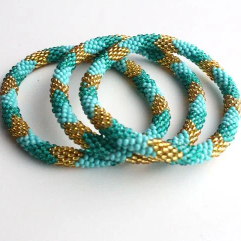 
Sea Foam Green and Shiny Gold Crocheted Czech and Japanese Beads Bracelet 