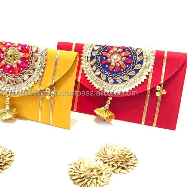 Indian Handmade Fancy Design Eco-friendly Gota Pati Work Fancy Envelope Wedding Invitation Card Envelope