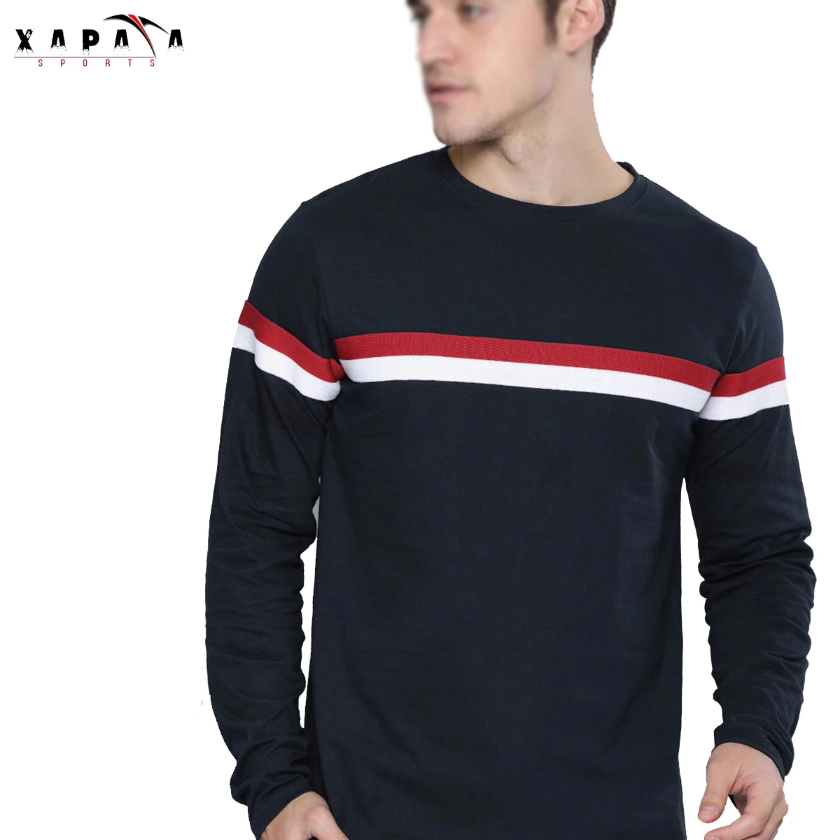 Navy Blue & Red Striped Cotton T-Shirt Wholesale Best Quality New Design Men Long Sleeve T-Shirts By XAPATA SPORTS