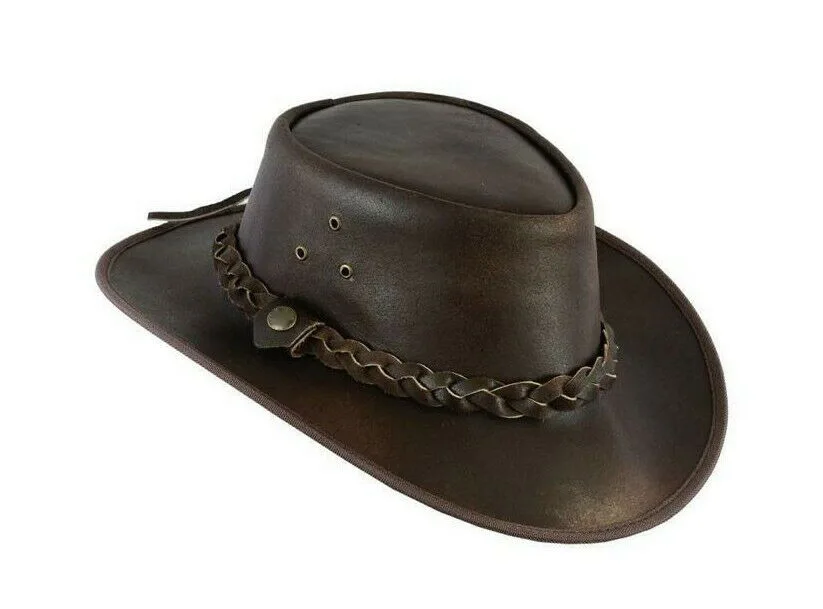 Hot Selling Western Style Genuine Leather Brown Cowboy Bush Hat Hats With Free Chin Strap Australian