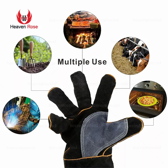 Heat Resistant-Gloves Heatproof Anti-skid Cowhide Leather Gloves With Long Sleeve