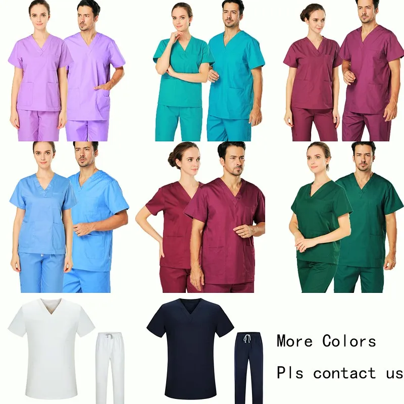 
2021 Hot Sell Multiple Colors Unisex Short-Sleeved Split Work Scrub Uniforms Sets 