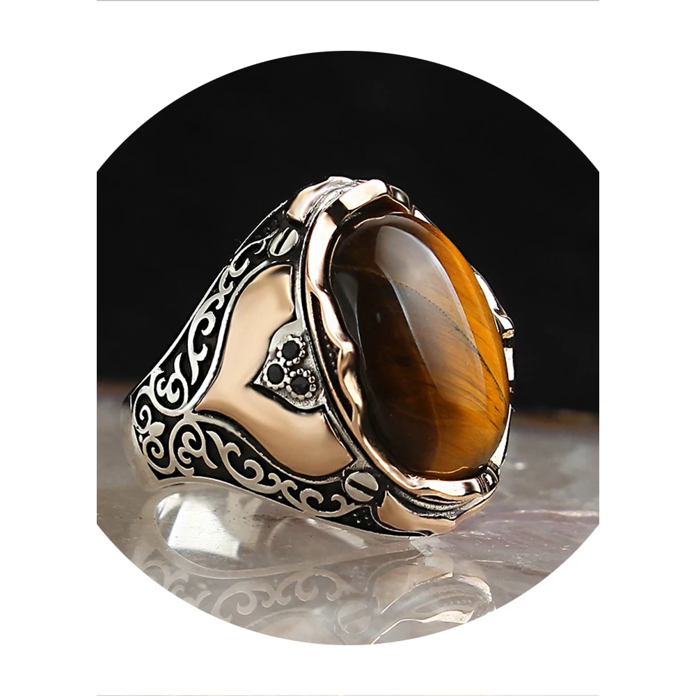 
Wholesale Elegant Tiger Eye Stone 925 Sterling Silver with Inner Plate Mens Rings Jewelry 
