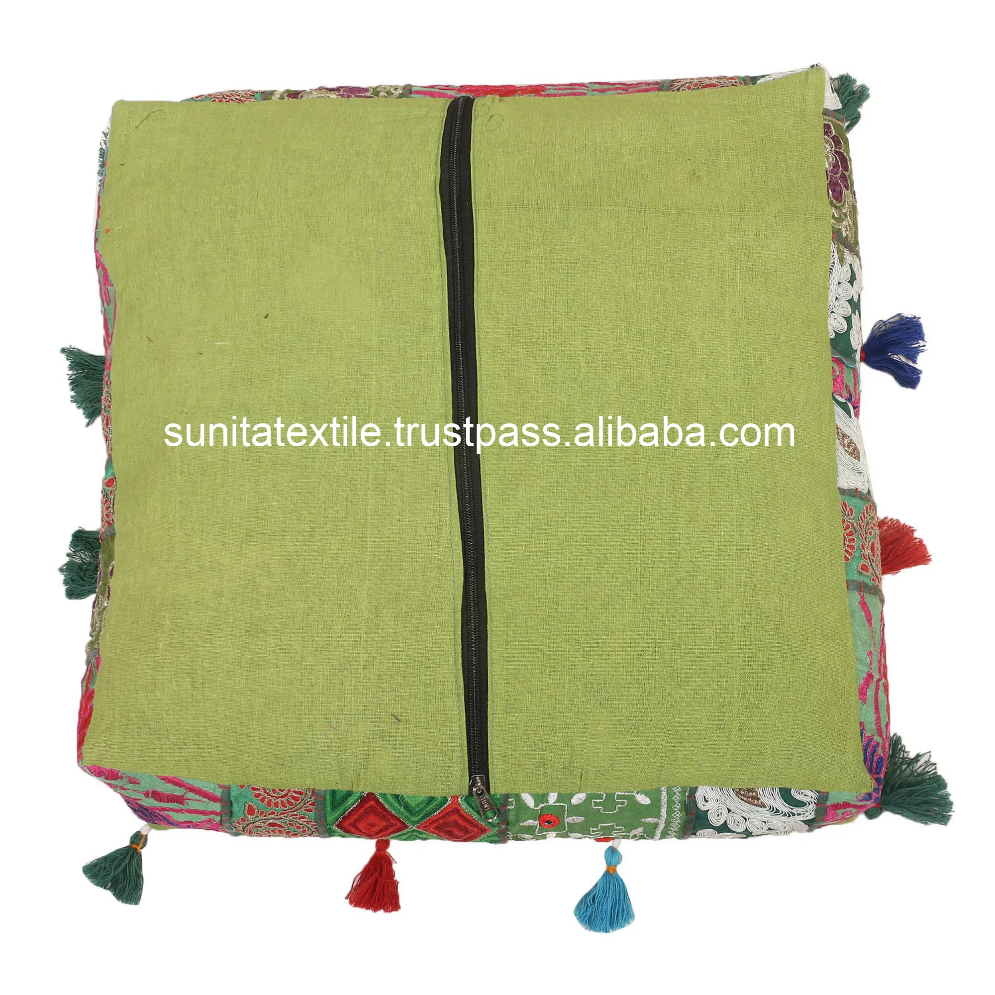 Indian Handmade Patchwork Outdoor Decorative Cushion Square Pillow 100% Cotton Embroidered Zafu Meditation Floor Pouf Dog Bed