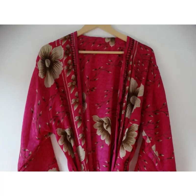 Vintage Indian Up-cycled Knee Length Bathrobe Pink- Colour Silk Saree Floral Kimono Sleepwear Handmade Maxi Gown Dress Style