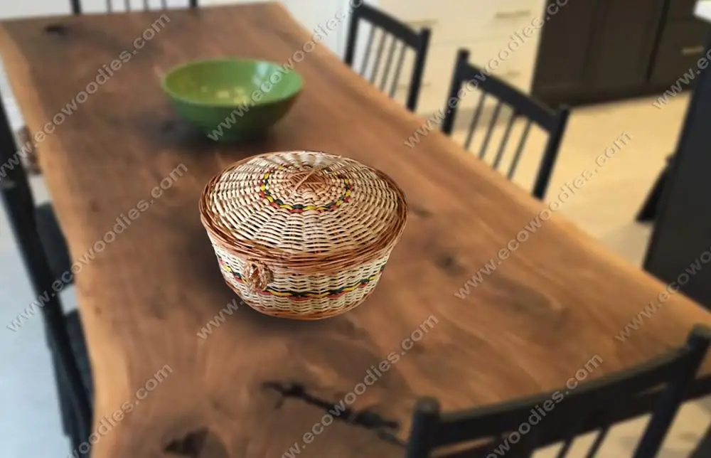 
Eco Friendly Round Bamboo Rattan Wicker Bread Basket with Lid Storage Box Spice Container Dining Restaurant Home Multipurpose 
