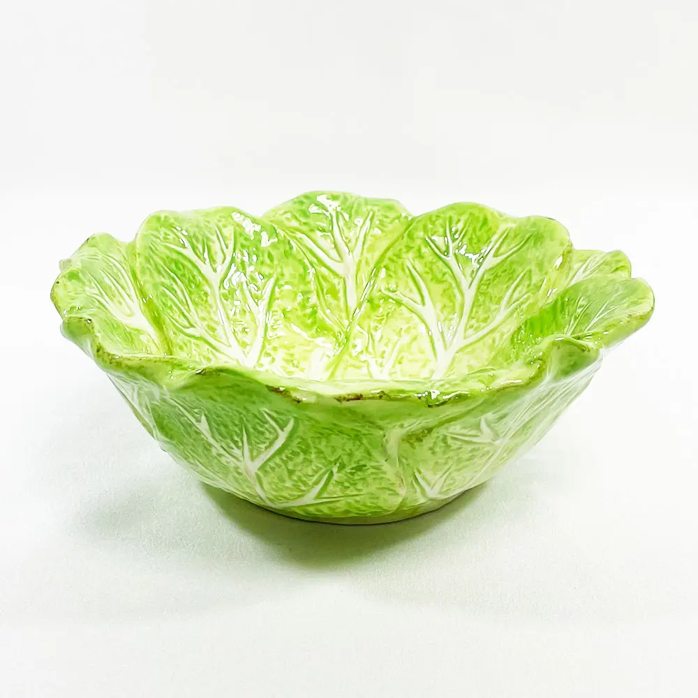 Vintage Leaf Shaped Ceramic Cabbage Soup Salad Pottery Bowl