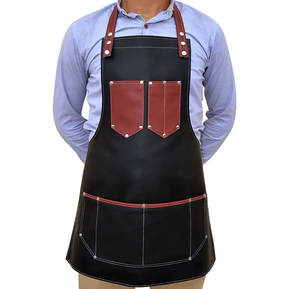 Soft leather aprons for barber salon with PU & genuine leather belts high quality hardware for bib aprons