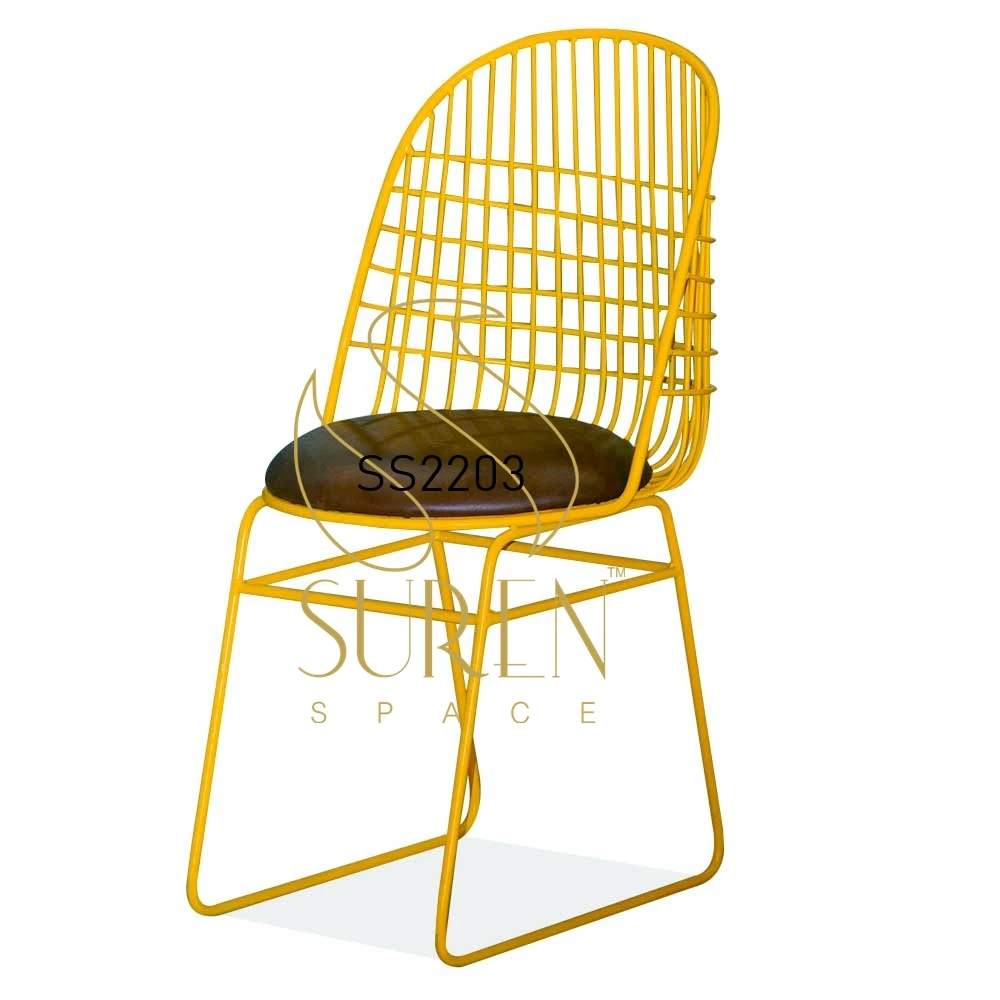 Yellow Solid Metal Leather Seating Bistro Cafeteria Chair Outdoor Industrial Chair