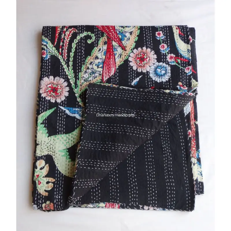 Новое Хлопковое одеяло Kantha ручной работы в индийском стиле небесно-голубого цвета с цветочным принтом красивое домашнее украшение оптом покрывало