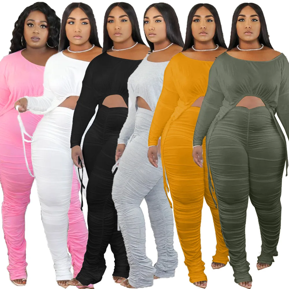 Wholesale latest design fall autumn drawstring tight crew neck sweat suit 2 piece set fall 2pc outfit stack pants
