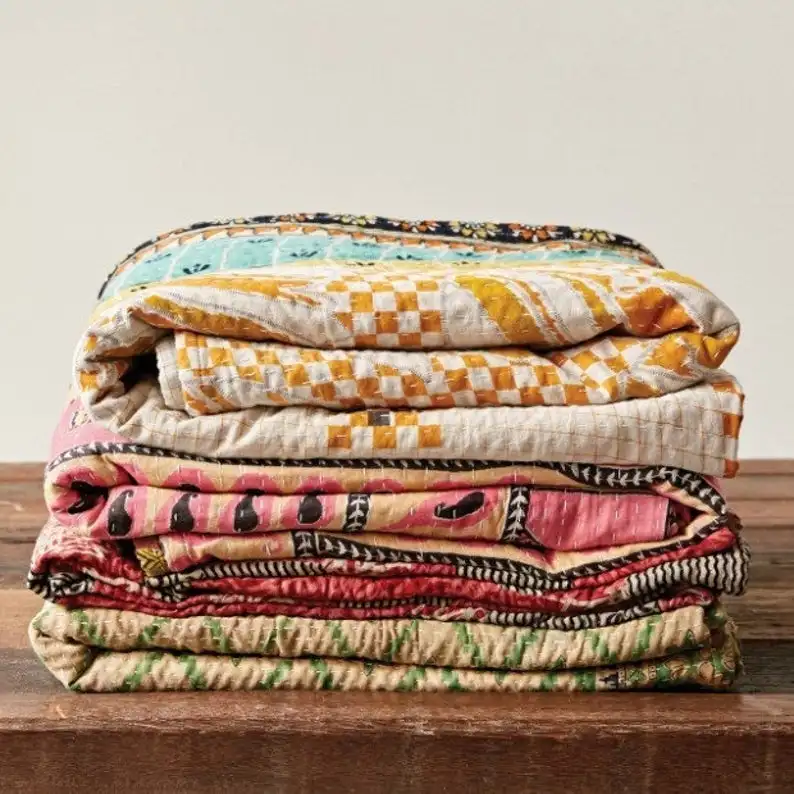 wholesale lot of indian vintage kantha quilt handmade throw reversible blanket bedspread cotton fabric bohemian quilt
