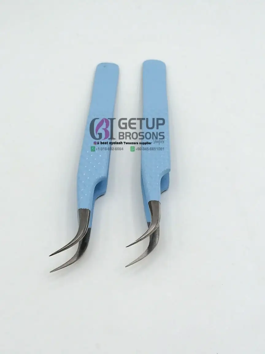 High Quality Best Design Curved Sky Blue Powder Coating Diamond Grip Eyelash Extension Tweezer Stainless Steel Beauty Instrument