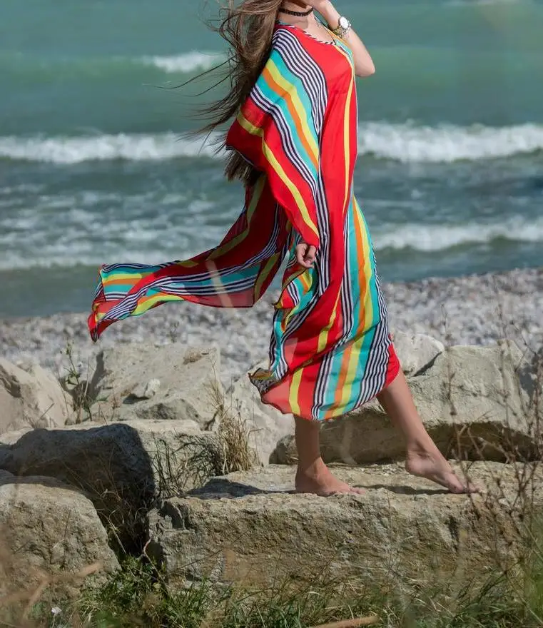 Ethnic Indian Silk kaftan Wide Sleeves Resort Wear Kaftan Beach Dress maxi striped cover up dress