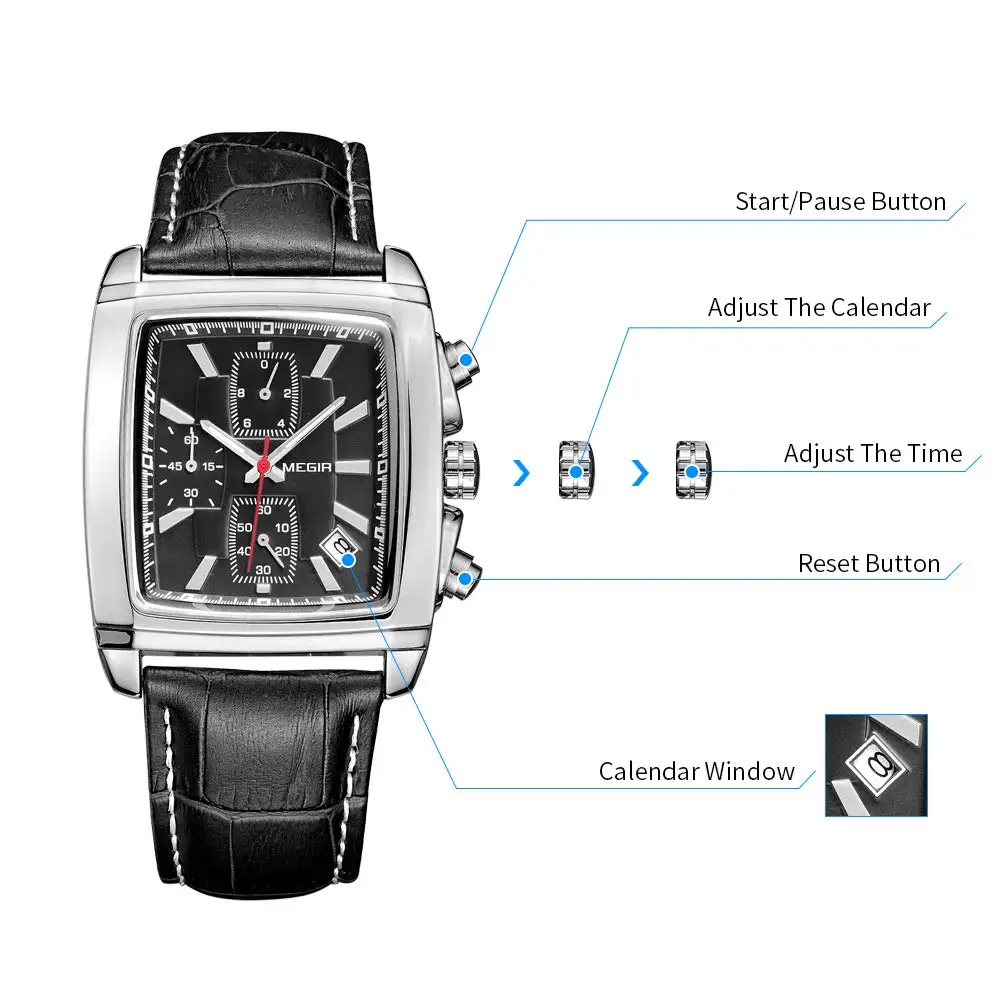 MEGIR 2028 Leather Blue Watch Men Top Brand Luxury Chronograph Quartz Watches for Man Waterproof Luminous Reloj Hombre