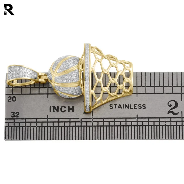 0.33CT 10K Yellow Gold Round Diamond Basketball Pendant Mens Pave Hoop Charm