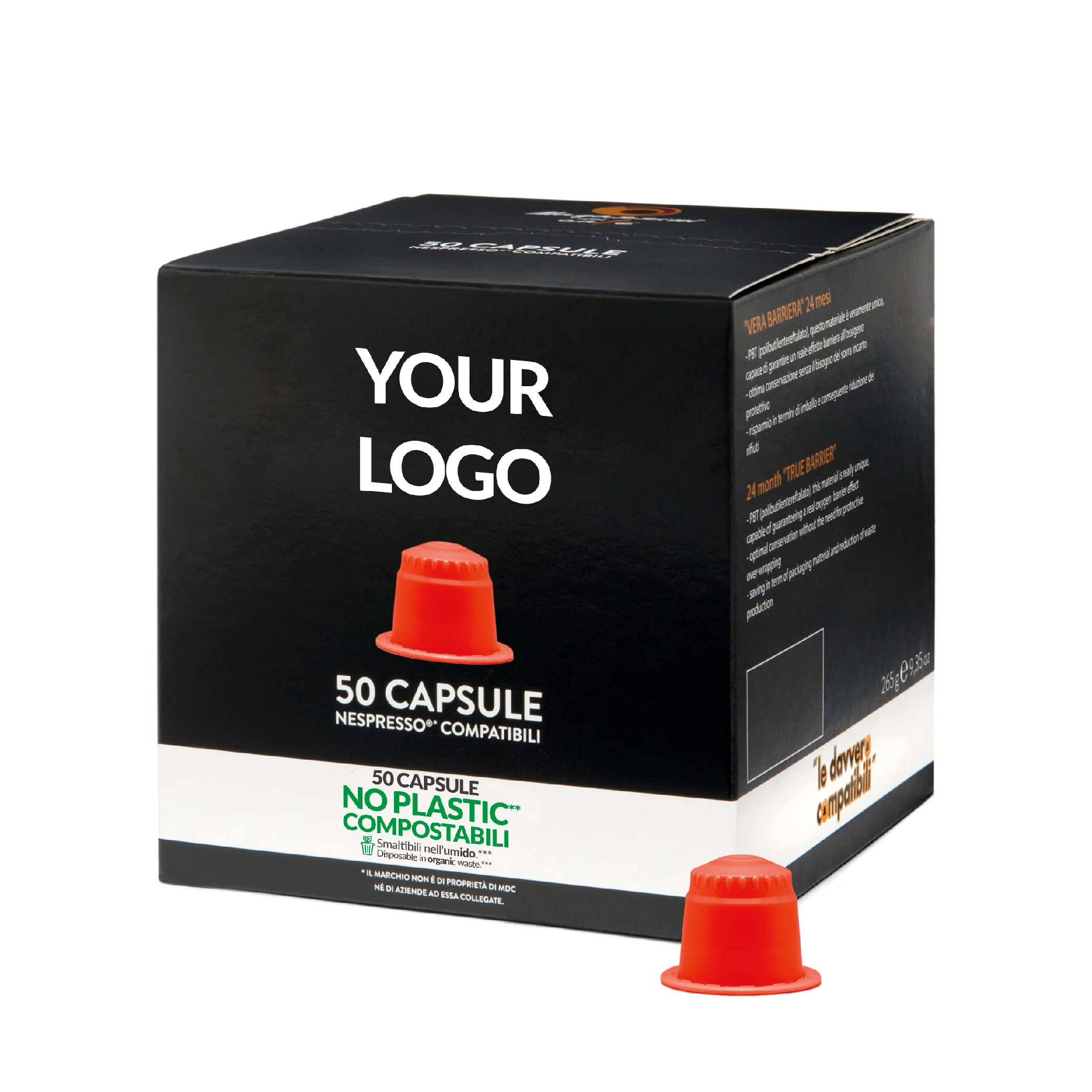 
COFFEE YOUR LOGO COMPOSTABLE- Italian Nespresso* compatible coffee capsules- 50 cps box 
