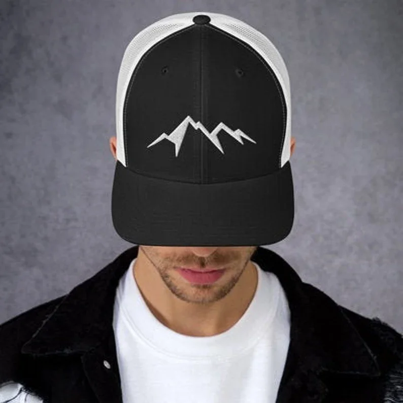 Mountain Range Trucker Hat Outdoor Adventure 6 Panels Curved Brim Black Fabric White Mesh High Quality Gorras Vietnam Headwear