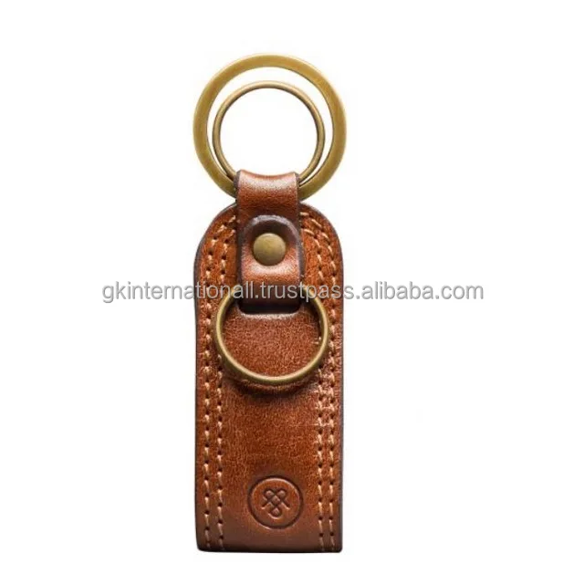 Full Double Stitched Tan leather key chain for cars almirah bikes with one main and two small metal rings at wholesale price