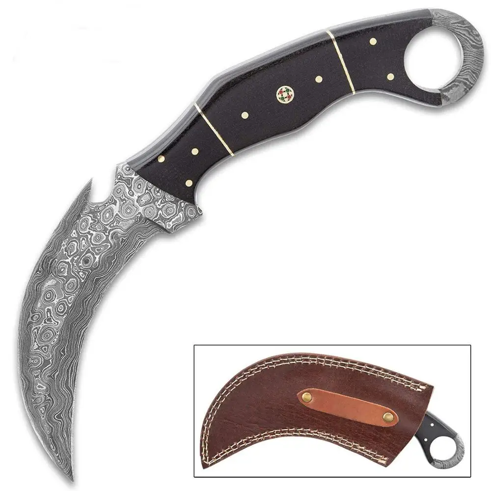 
151 г., Изготовленный вручную нож-керамбит, лезвие из дамасской стали, полноразмерные весы с ручкой из микрокарты, ручная шкала с открытым кольцом, длина 9 дюймов 