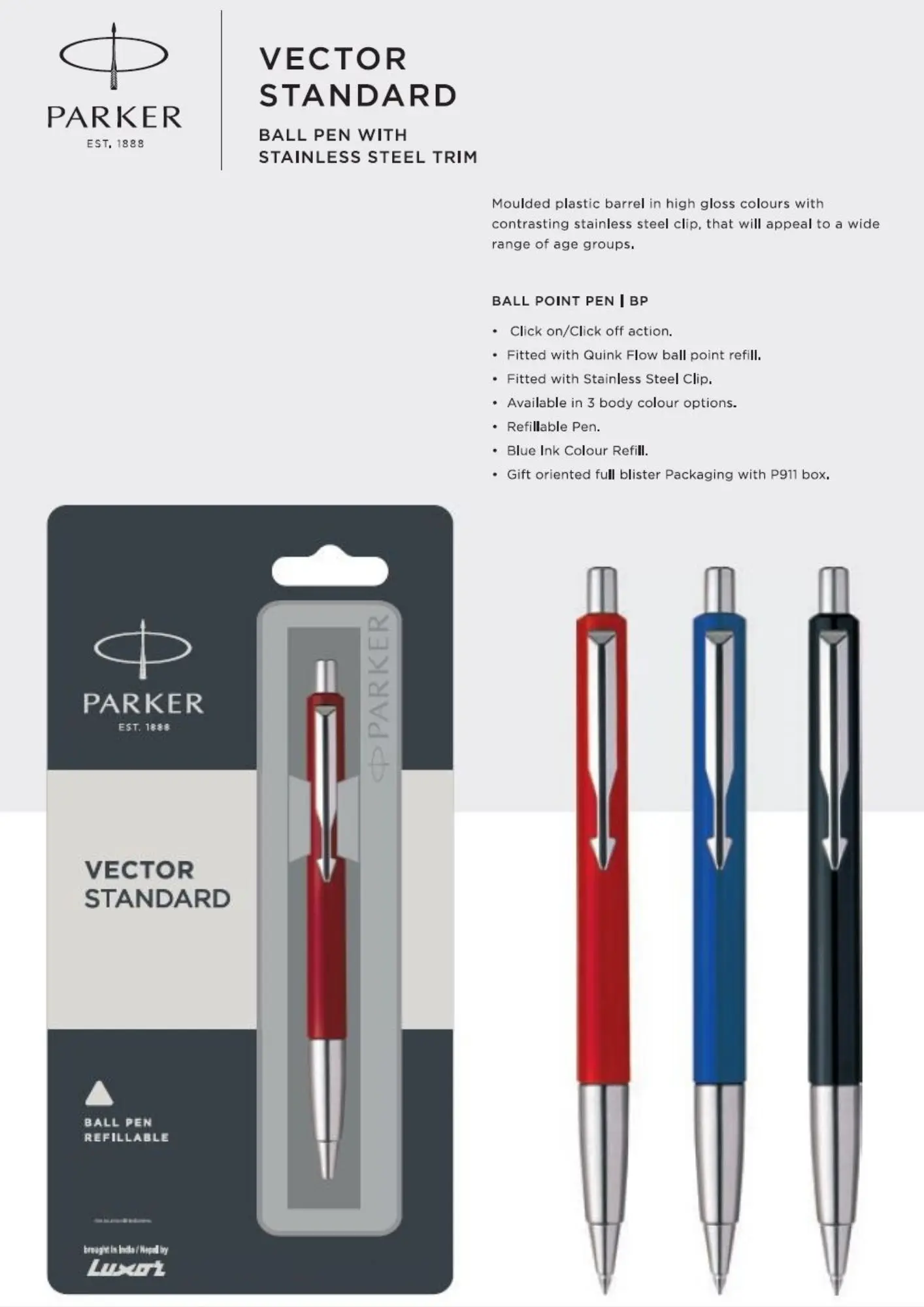Ballpens Parker vector standard chrome trim ballpoint pens Black/Blue/Red barrel luxury sleek design parker pens
