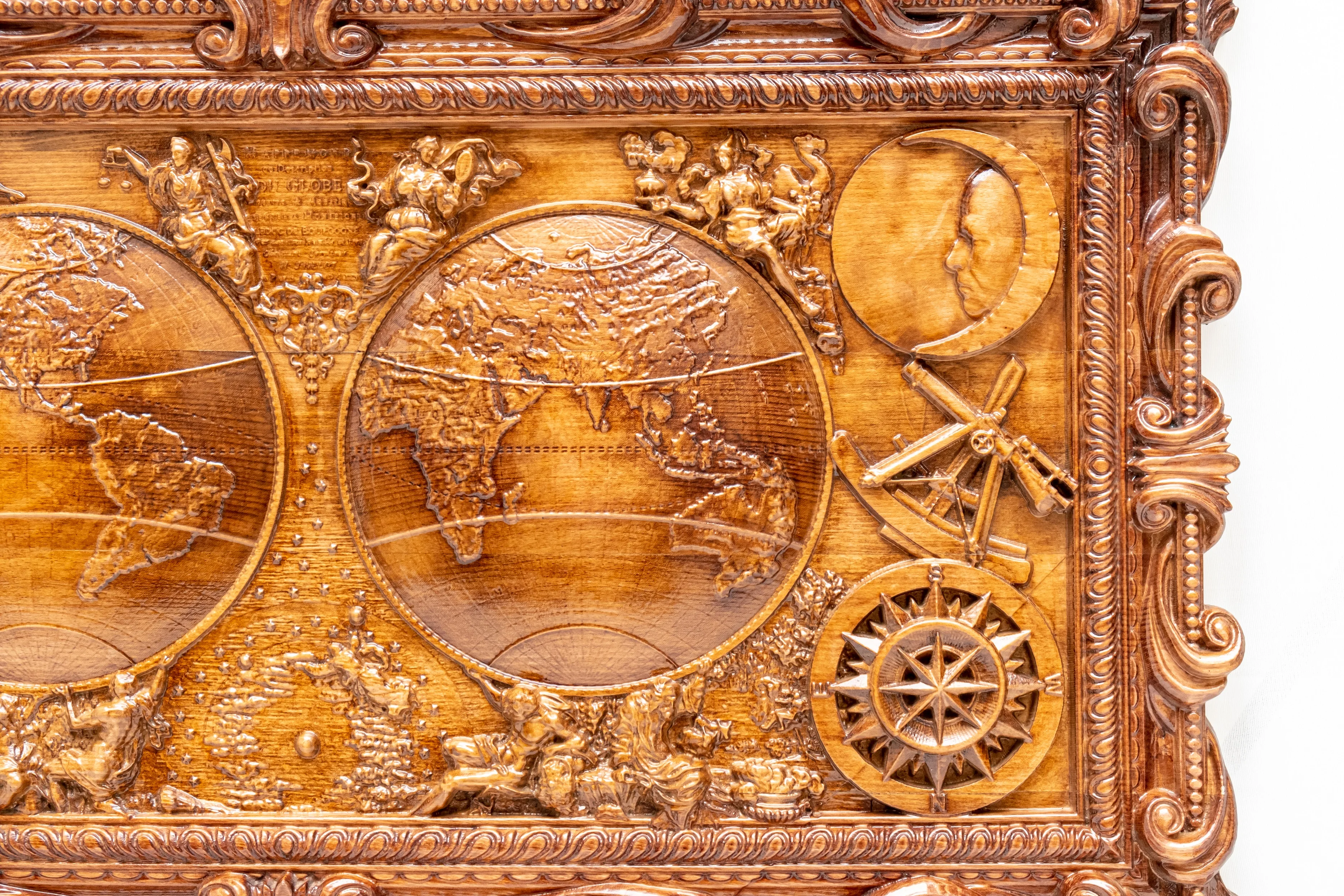 Large 3D Antique style Wooden Old World Map Bas-relief Wooden Carved Wall Art Home Decor