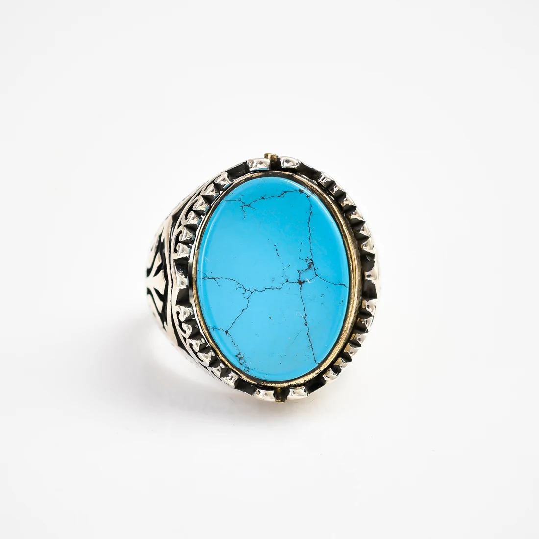 Natural Turquoise Gemstone Two Tone Brass & Silver Turkish Style 925 Sterling Silver Mens Rings Jewelry