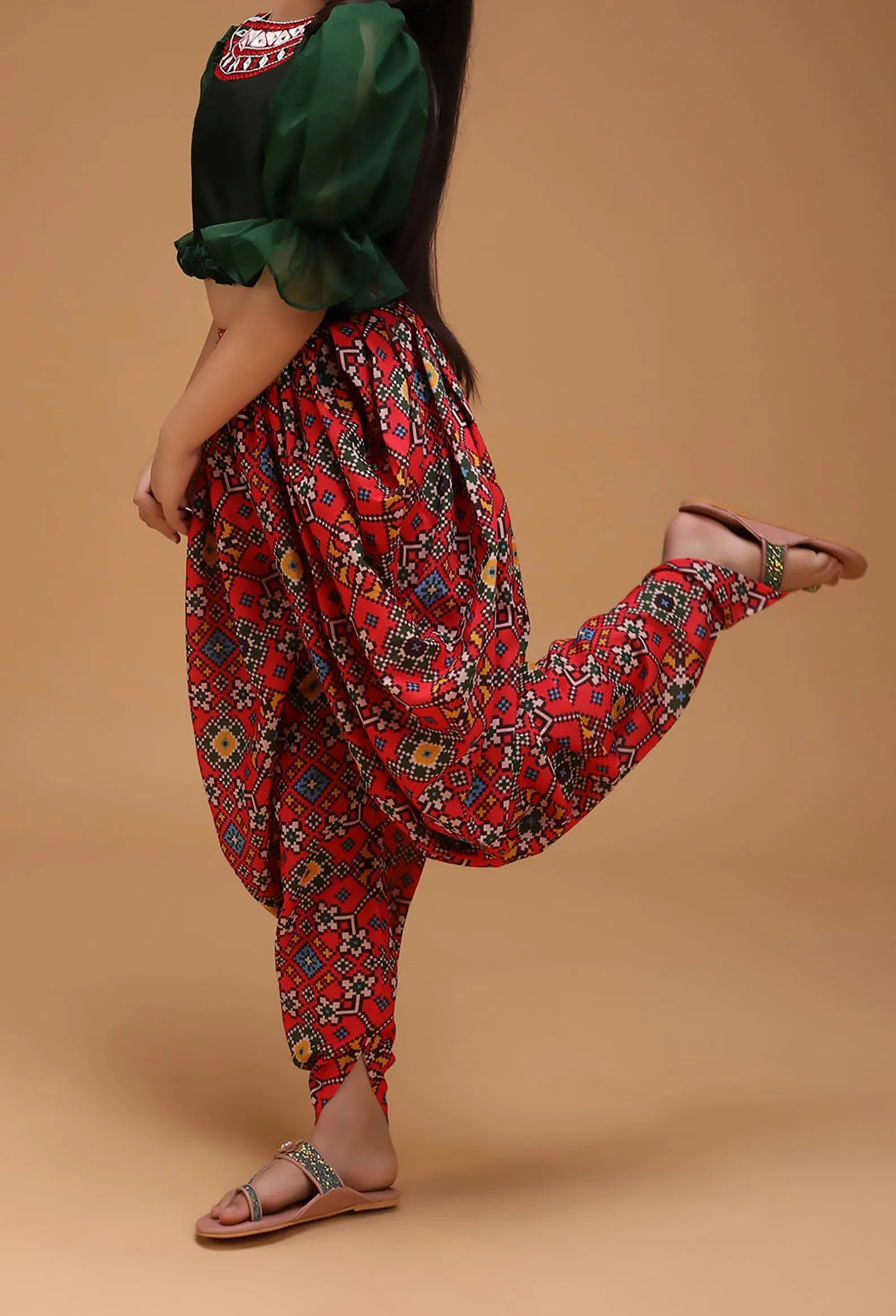 Fashion Clothing Girls Indian Patiala Punjabi Kids Wear Mirror Threadwork Green Top Patola Printed Dhoti finest elements