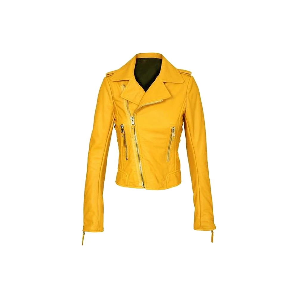 Custom Slim Short Genuine Leather Jacket yellow/Latest Ladies Jacket/Unique Design Biker