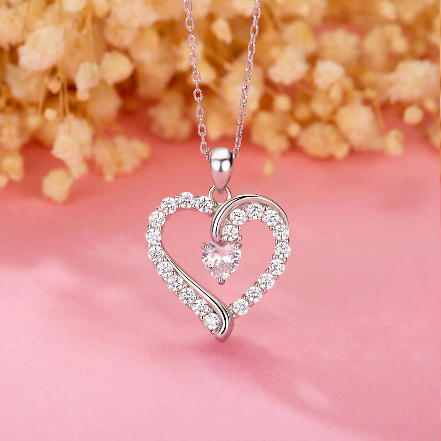 Women Fine Jewelry 925 Sterling Silver Cubic Zirconia Love Heart Pendant Birthstone Necklace