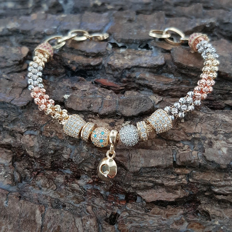 14K Solid Tri Color Real Gold Enamel Lovely Handmade Braided Bracelet Turkish Luxury Artisan Designer Fine Jewellery Beaded New