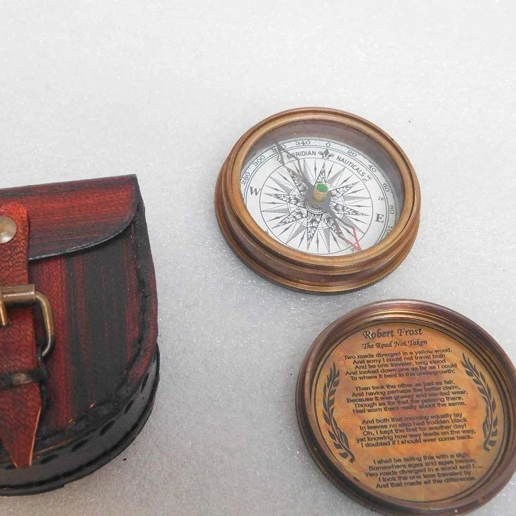 Brass pocket compass antique brass hand made fully functional compass with leather case Nautical Brass Compass  CHMN436
