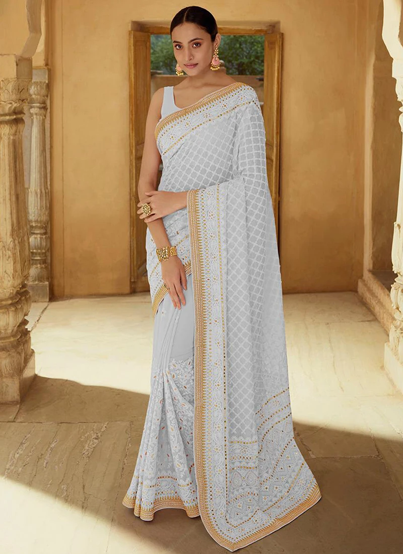 Designer Party Wear Georgette Thread Mirror Sequins Work Stylish Saree Collection