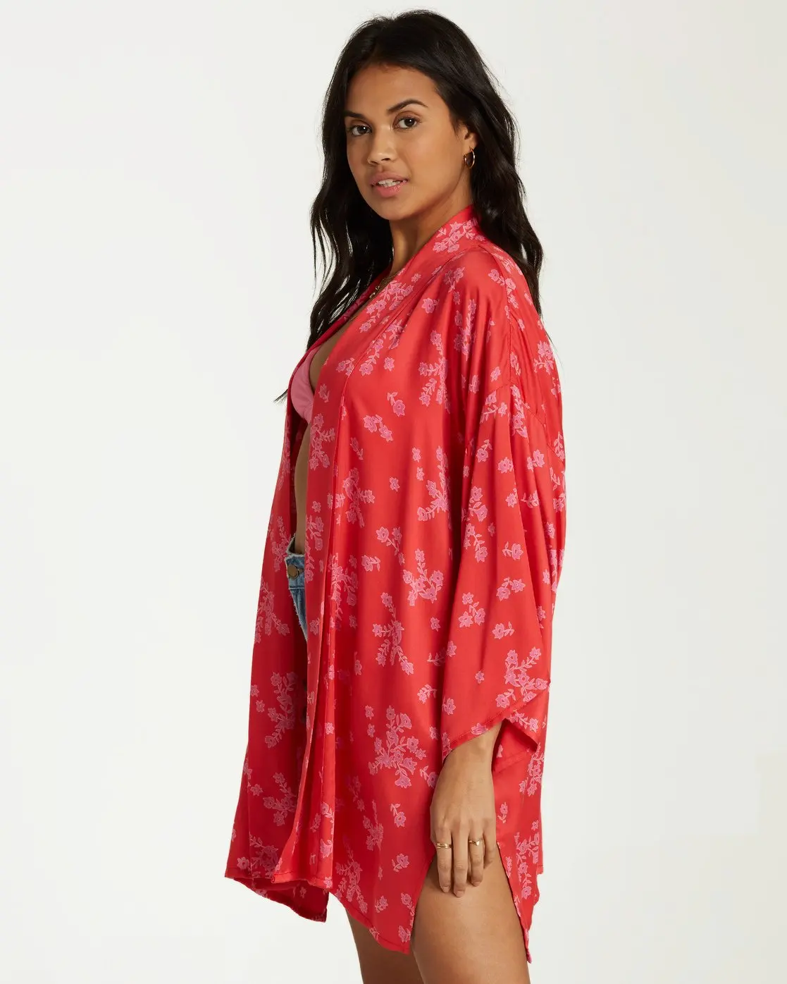 
MGOO Floral Allover Print Shape Sleeve Robe Rollover Collar Band Rayon Silk Woven Kimono Womens 