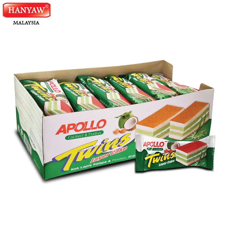 [Малайзия] Быстрая доставка + Halal Сертифицированный Apollo Twins Layer торт кокос и Pandan 2020 (18 г x 24 шт. 12 коробок/картонная