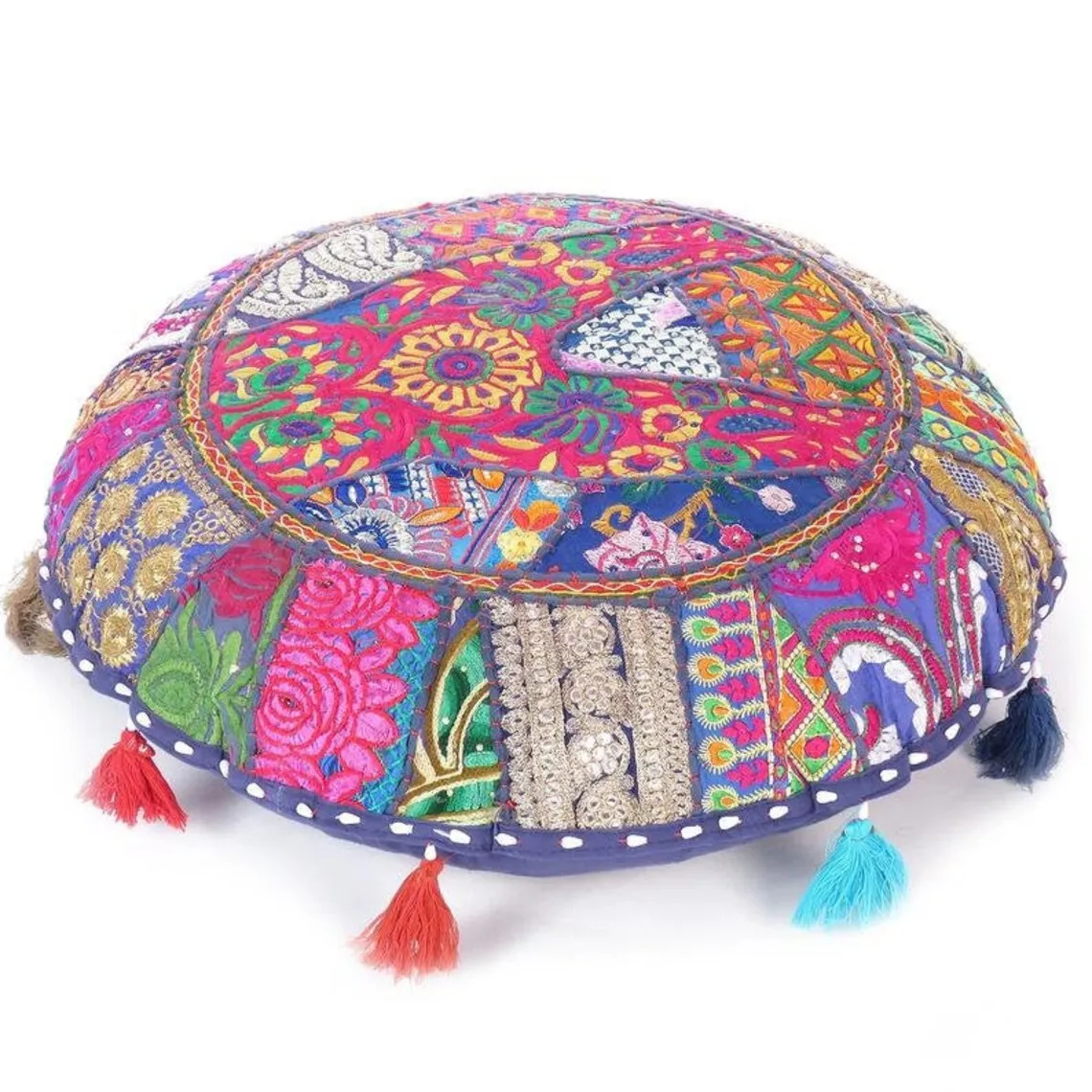 Indian Textile Wholesale 100% Cotton Handmade Patchwork Bohemian Round Zafu Pouf Vintage Embroidered Floor Pillow Cushion Cover