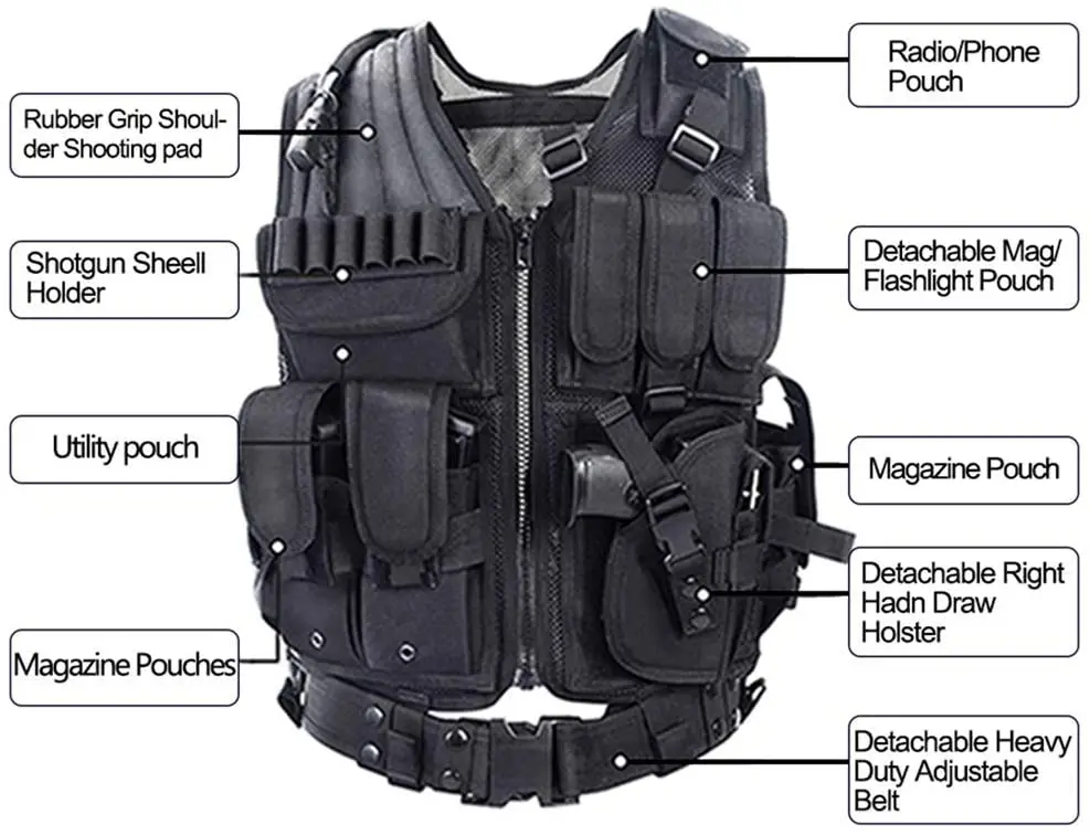 Paintball Vests Multi Purpose Black Color Pocket Style Waist Belt Pocket Style Nylon Made Military Vests