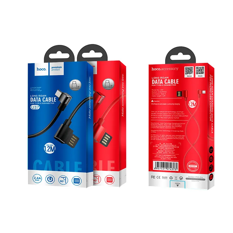 
90 degree L Shaped HOCO U37 Long roam charging elbow data cable for iPhone Micro USB Type C 1.2 meter TPE aluminum alloy 