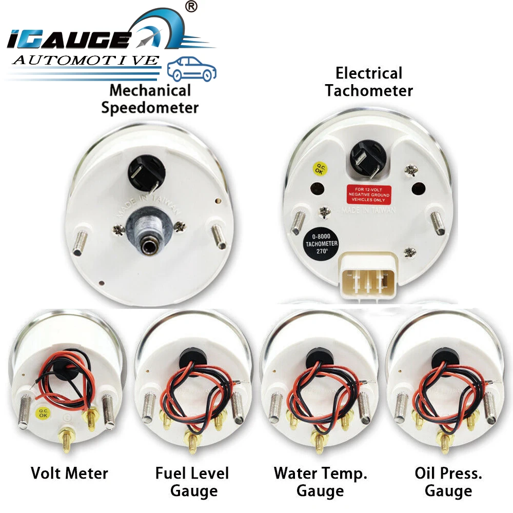 universal auto car 6 set gauge with mechanical speedometer white faceplate and red needle