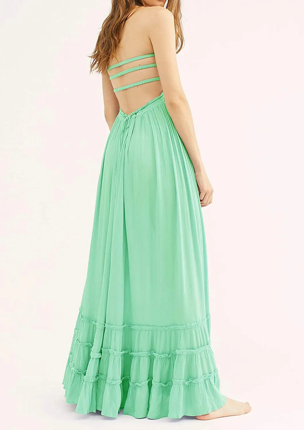 
woman and girl beach Style Linen ruffles Dress With round Neckline 