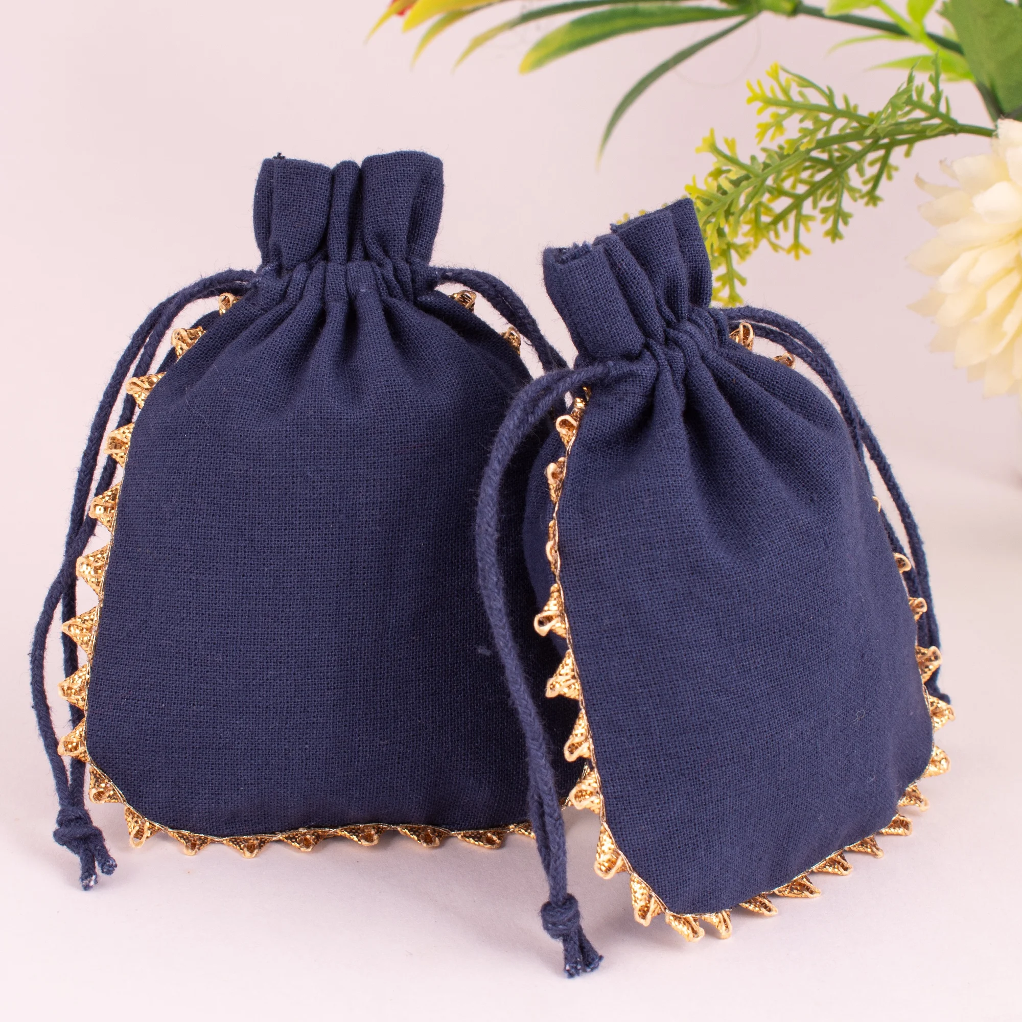 High Quality Navy Blue Handmade Drawstring Jewelry Pouch Indian Customize Logo Cotton Gift Favor Packaging Bag Wholesale