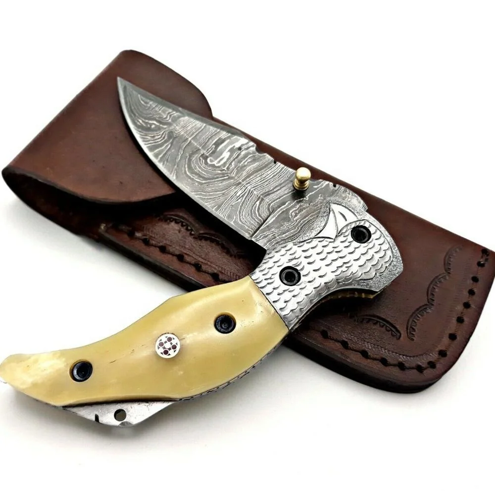 CUSTOM DESIGN HAND MADE DAMASCUS TANTO FOLDING KNIFE WITH CAMEL BONE HANDLE AND AMAZING FILE WORK AND ENGRAVING
