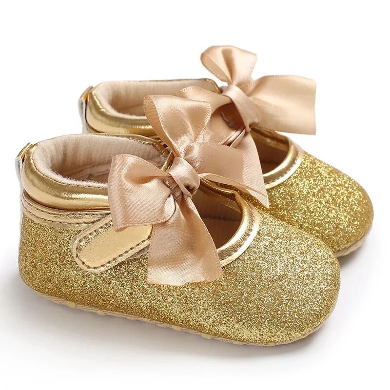 Bling Toddler Princess Gold Glitter Girl Baby Dress Shoes with Bow