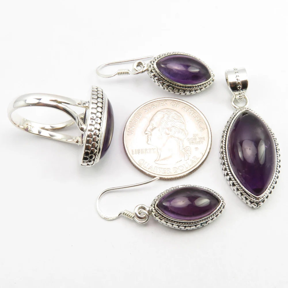 
Vintage Style SET ! 925 Silver Genuine AMETHYST Pendant Earrings Ring Sz 7.25, Wedding Jewelry 