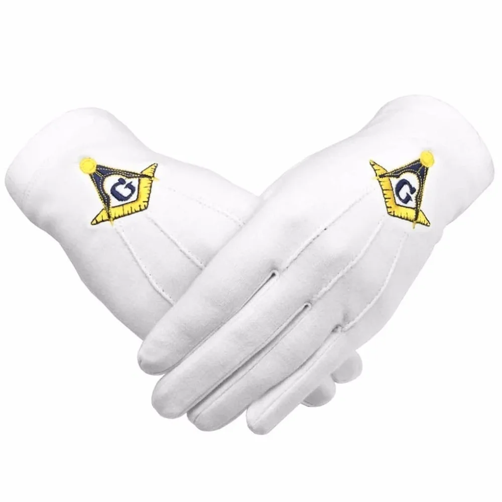 Golden Color Hand Embroidered Masonic Gloves With Square And Compass