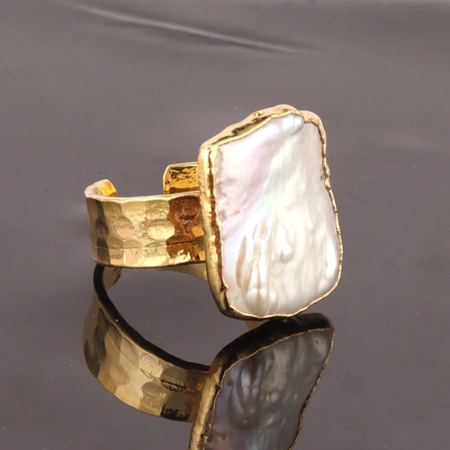 Natural freshwater white biwa pearl high polish ring gold plated ring hammered finish band adjustable ring jewelry supplies