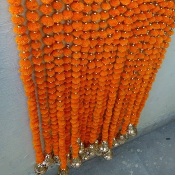 Artificial Pompom Flower Garlands With Plastic Golden Bell Indian Wedding Decor Hanging Wall Hanging Door Valence Home Decor