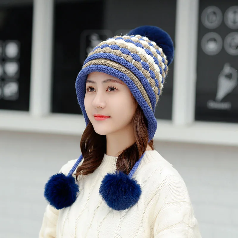 
Ladies 3 ball ear cap adult matching HAT knit cap 